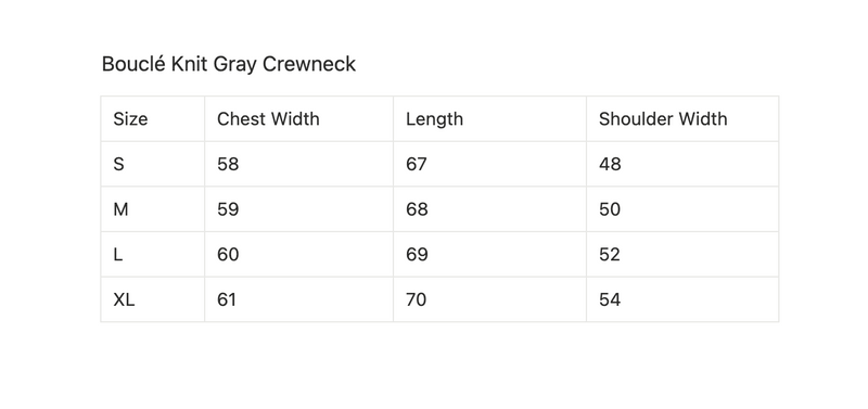 Size chart for Bouclé Knit Gray Crewneck