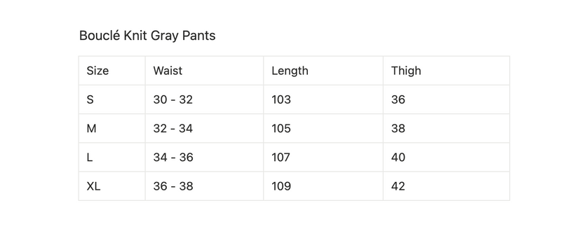 Size chart for Bouclé Knit Gray Pants