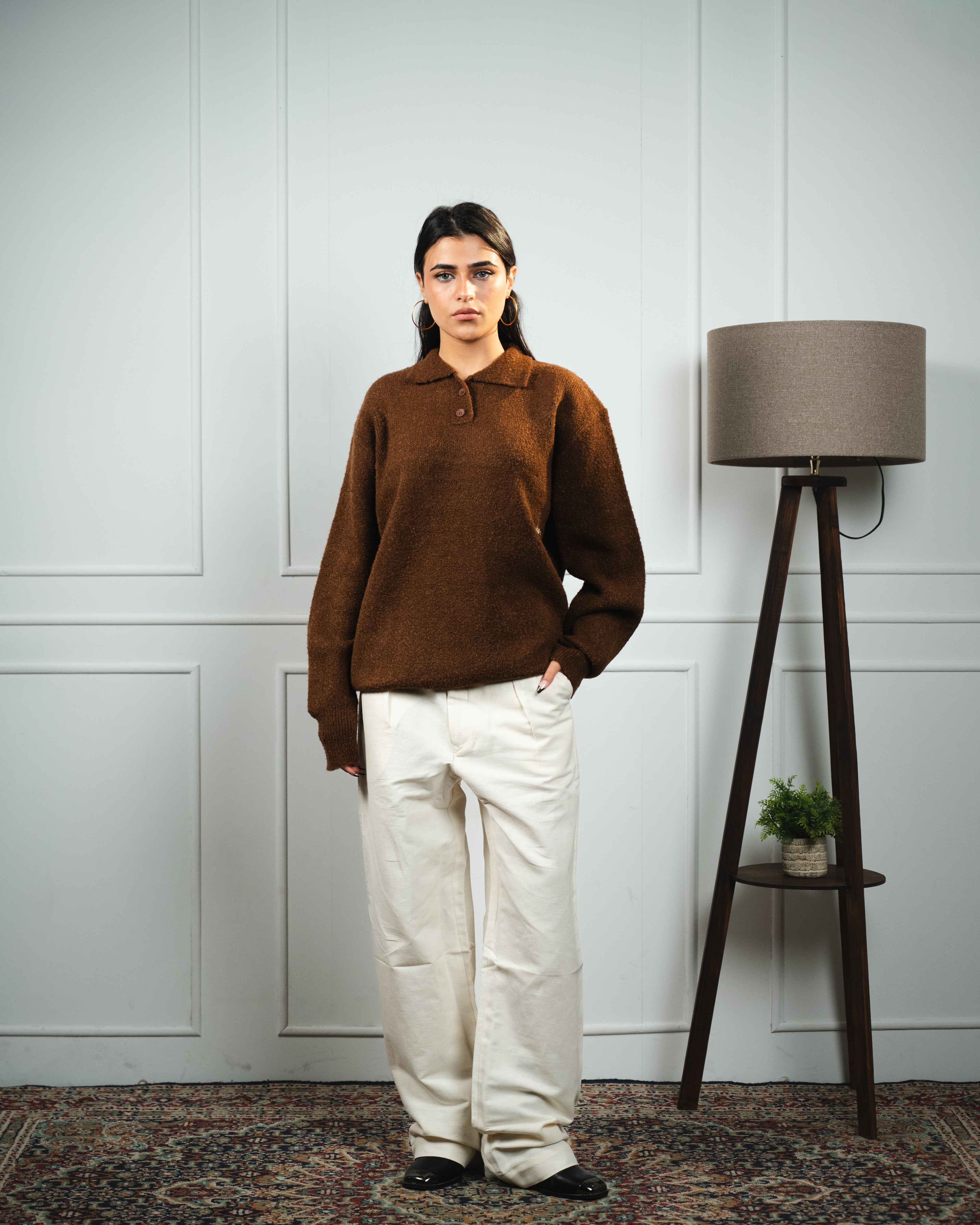 Brown Bouclé Knit Polo