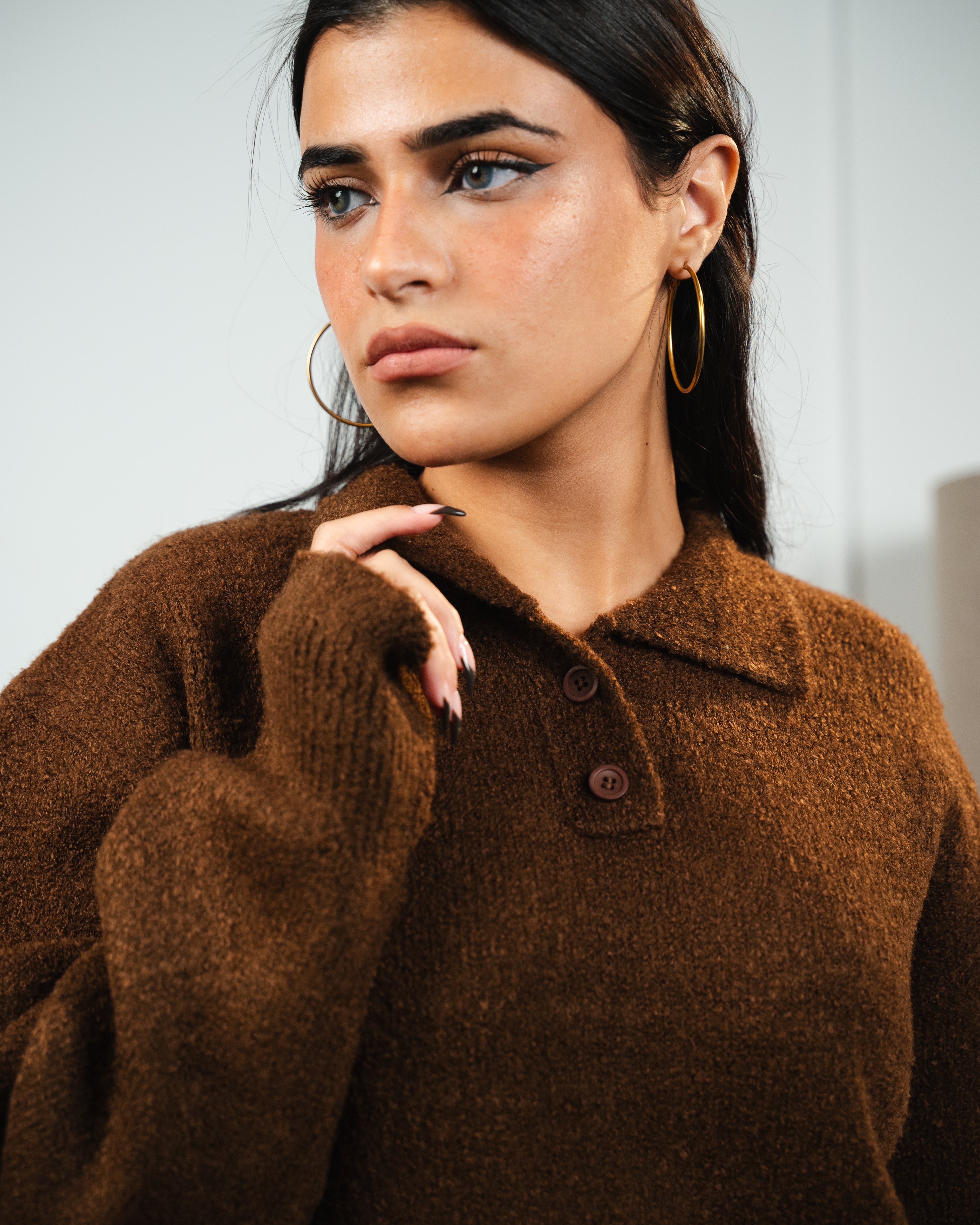 Brown Bouclé Knit Polo