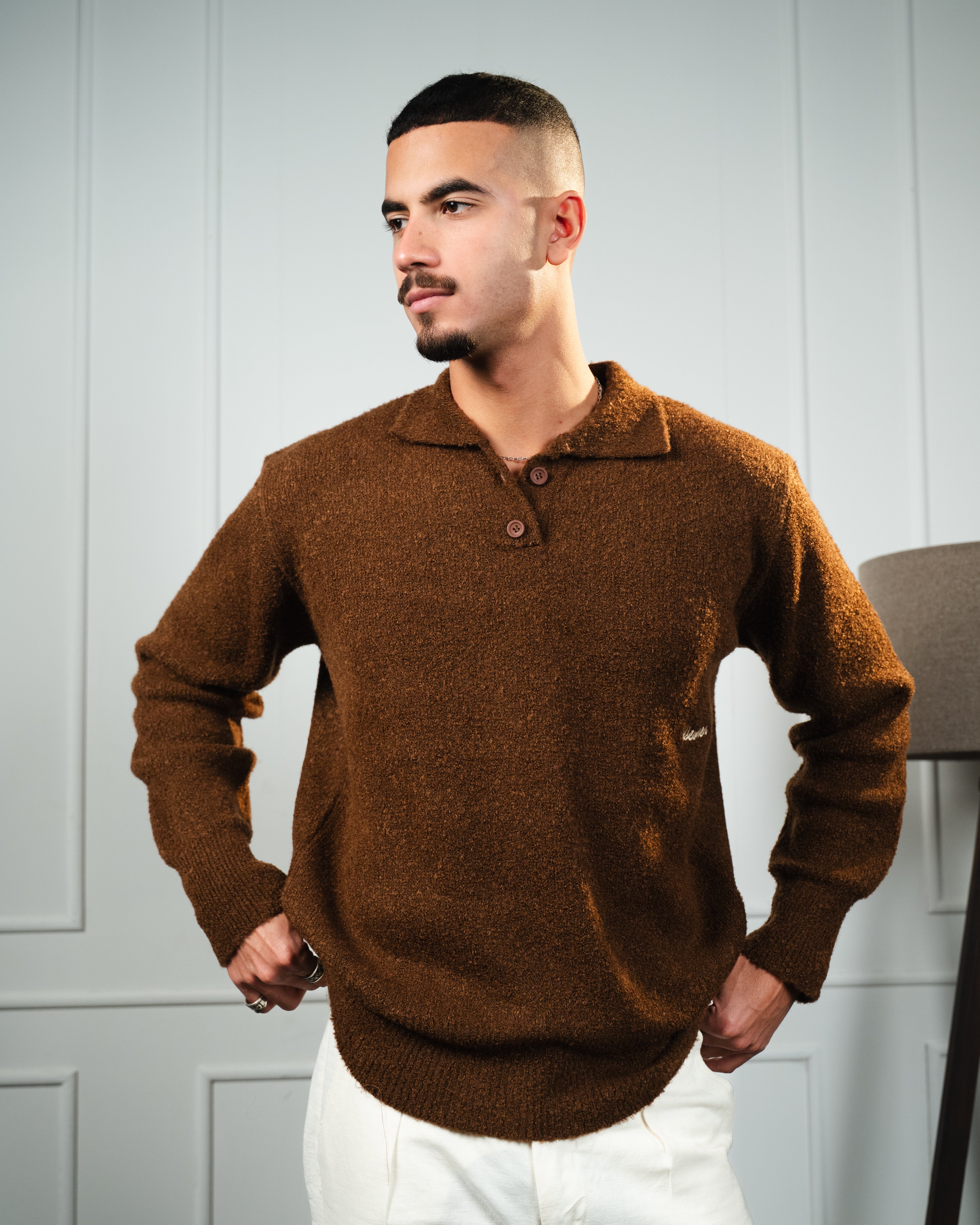 Brown Bouclé Knit Polo