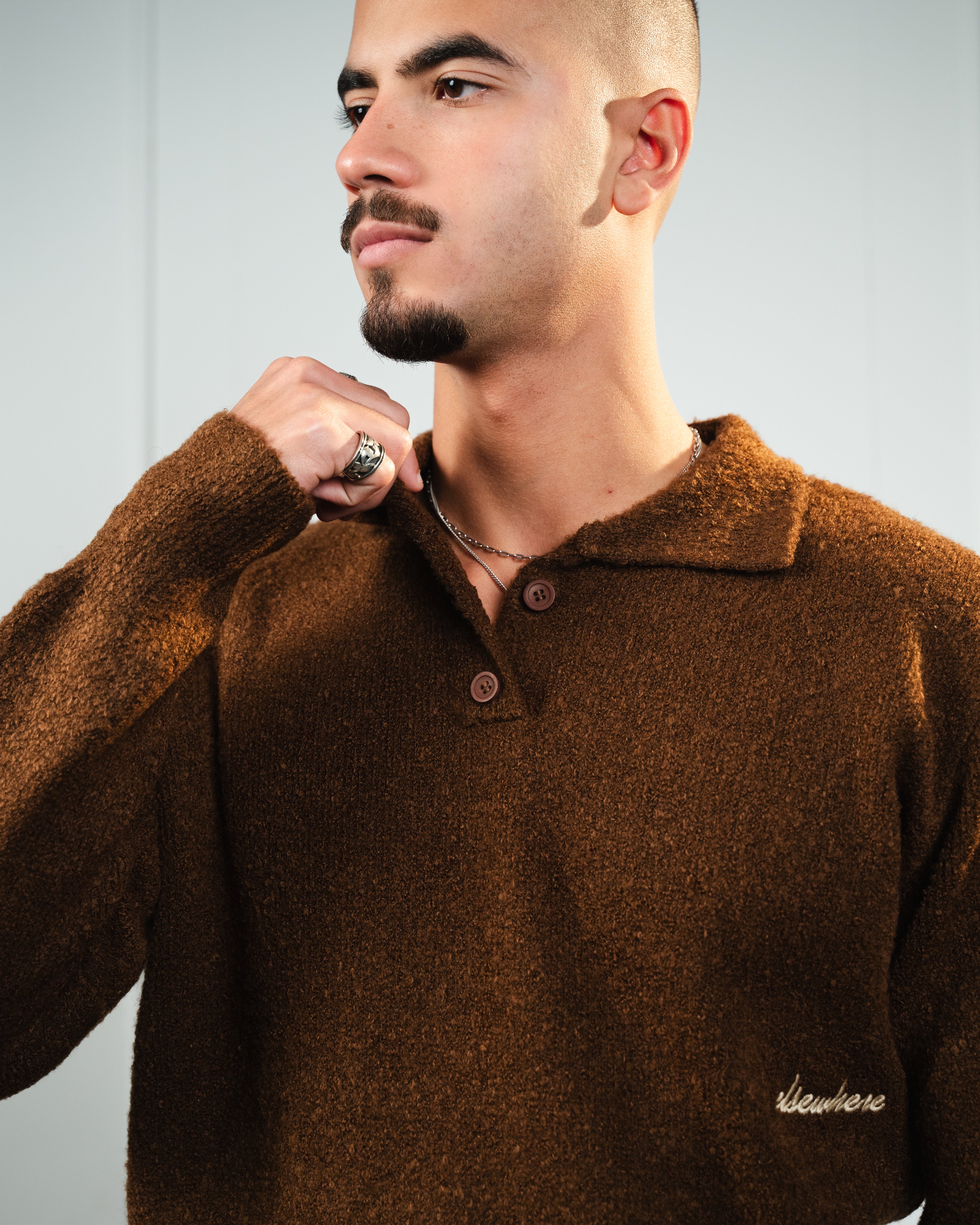 Brown Bouclé Knit Polo