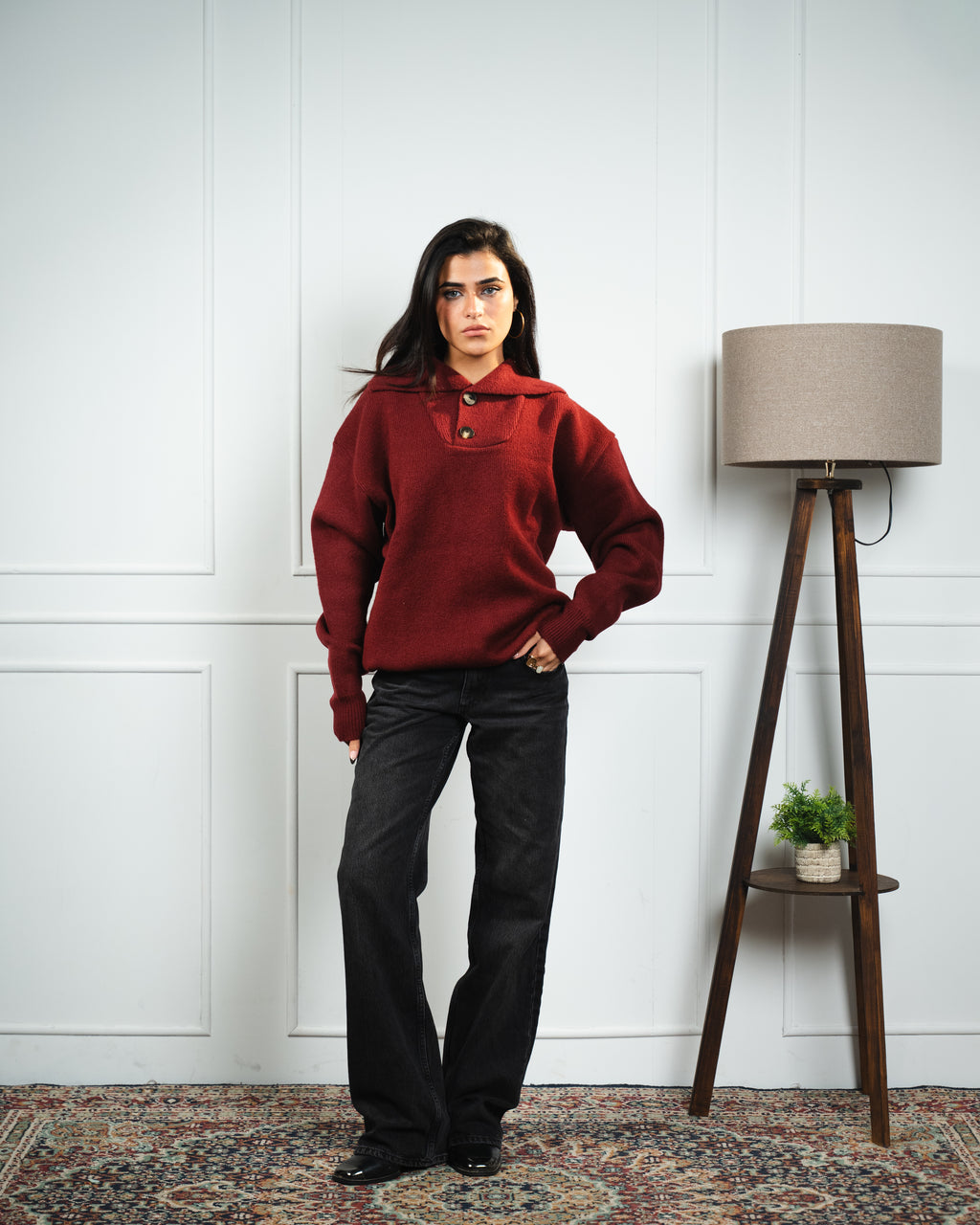 Burgundy Button Collar Knit Sweater
