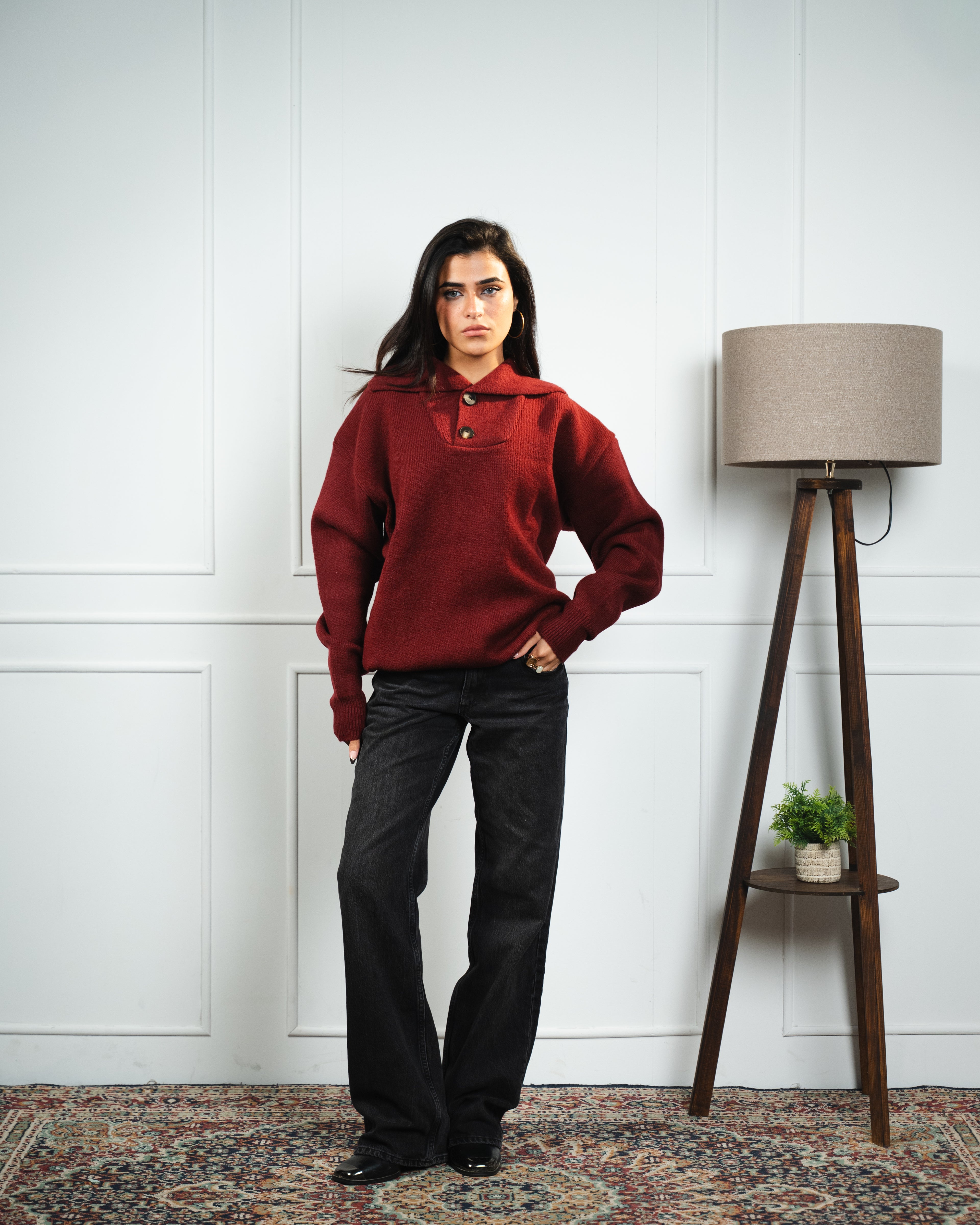 Burgundy Button Collar Knit Sweater