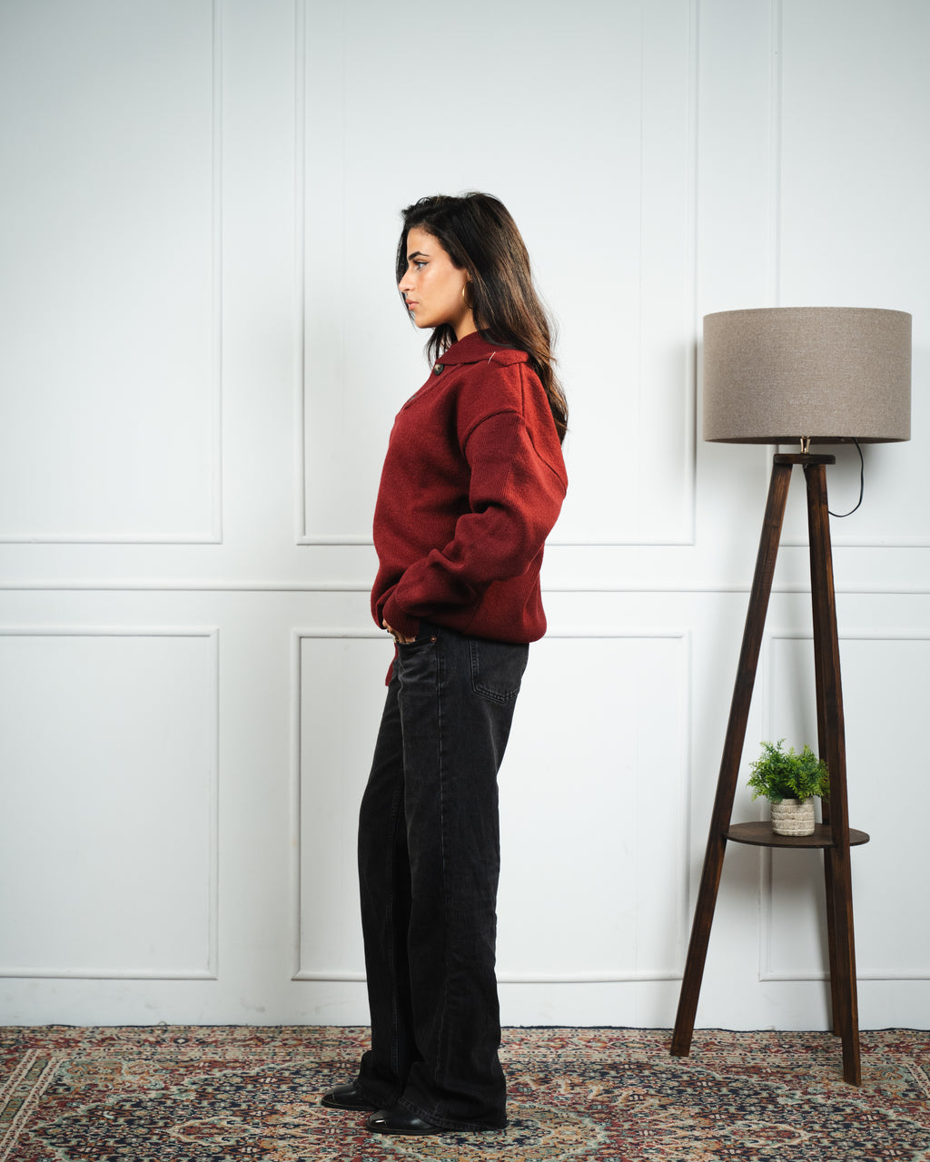 Burgundy Button Collar Knit Sweater