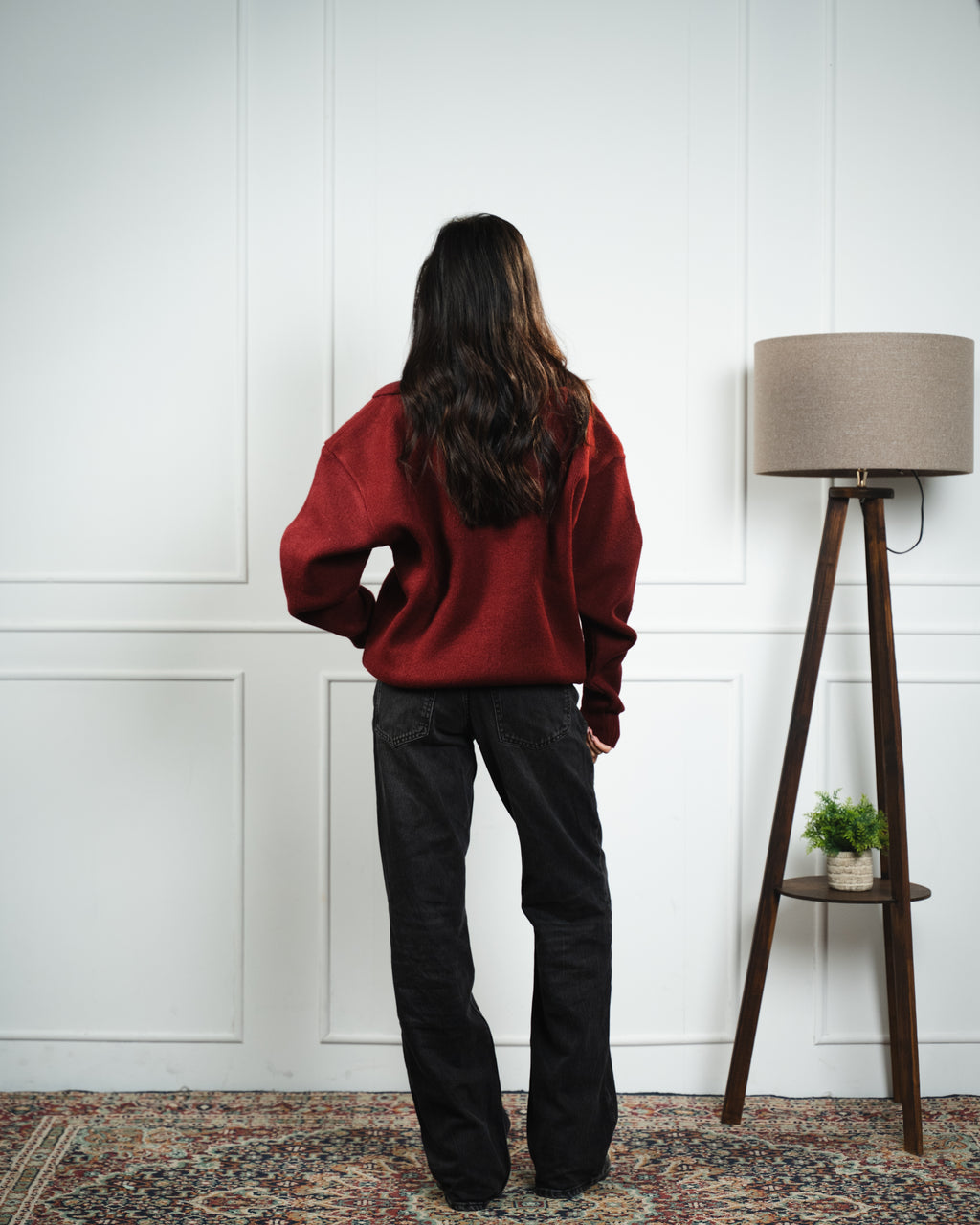 Burgundy Button Collar Knit Sweater