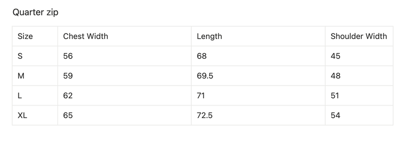Size chart for Anthracite Knitted Quarter Zip