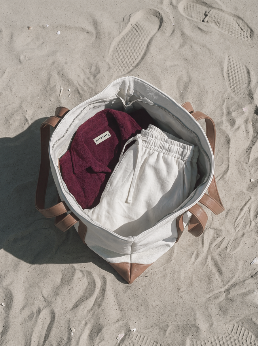 The Summer 2026 tote, open on the sand, packed for the water